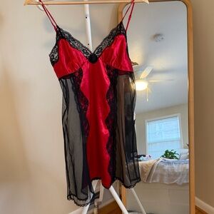 Fredericks Of Hollywood Vintage Red & Black Slip Dress - Sheer Chemise